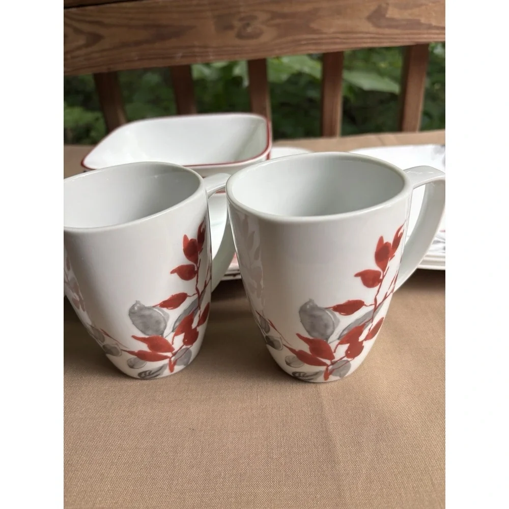 Corelle Kyoto Leaves 15 Pc Square Set 3 Dinner Plates 4 Luncheon 4 Bowls 4 Mugs